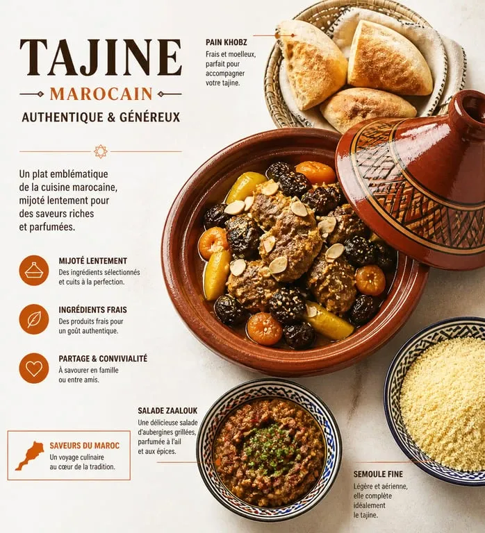 Accompagnement tajine traditionnel avec pain marocain, salade Zaalouk et semoule sur une table conviviale