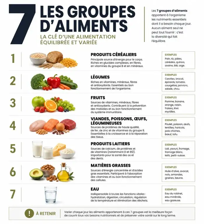 Infographie des 7 groupes d'aliments pour une alimentation équilibrée