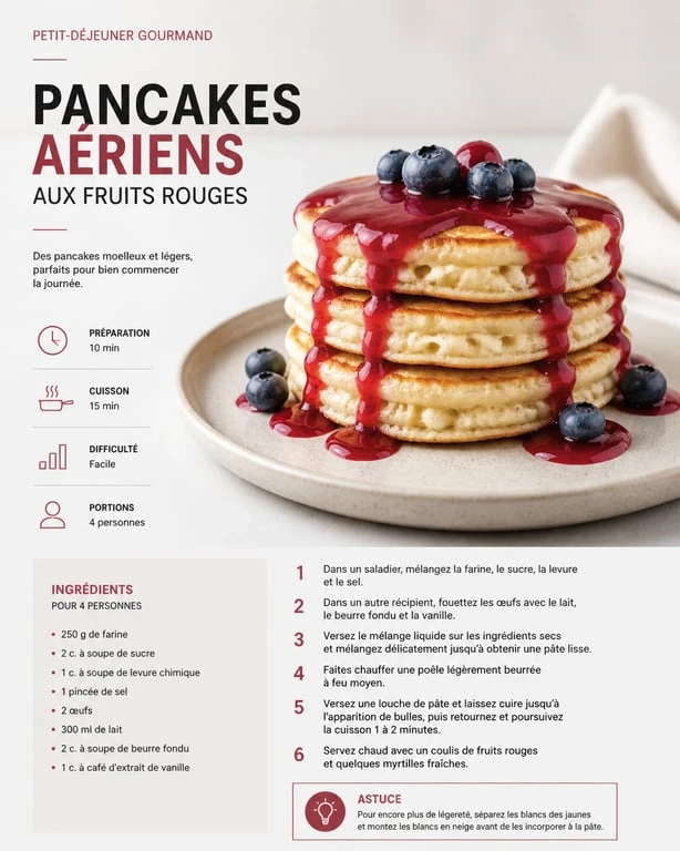 Pancakes peu caloriques et aériens servis avec des myrtilles fraîches