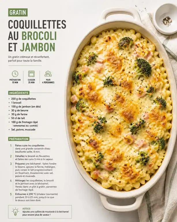 Gratin de coquillettes au brocoli et jambon pour un menu famille semaine équilibré