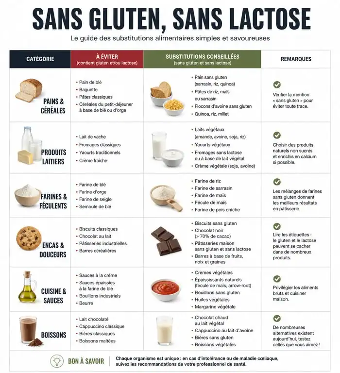 Tableau comparatif des substitutions alimentaires pour un régime sans gluten et sans lactose