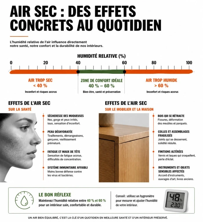 Infographie sur le taux d'humidité idéal dans une chambre pour humidifier une chambre efficacement