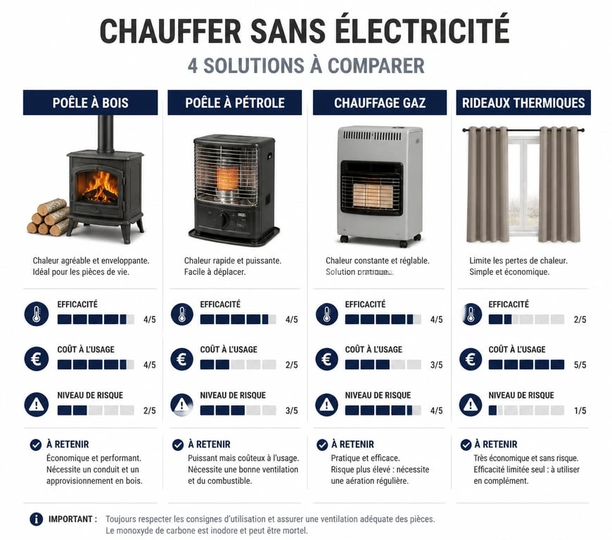 Infographie comparative des solutions de chauffage sans électricité : efficacité, coût et sécurité