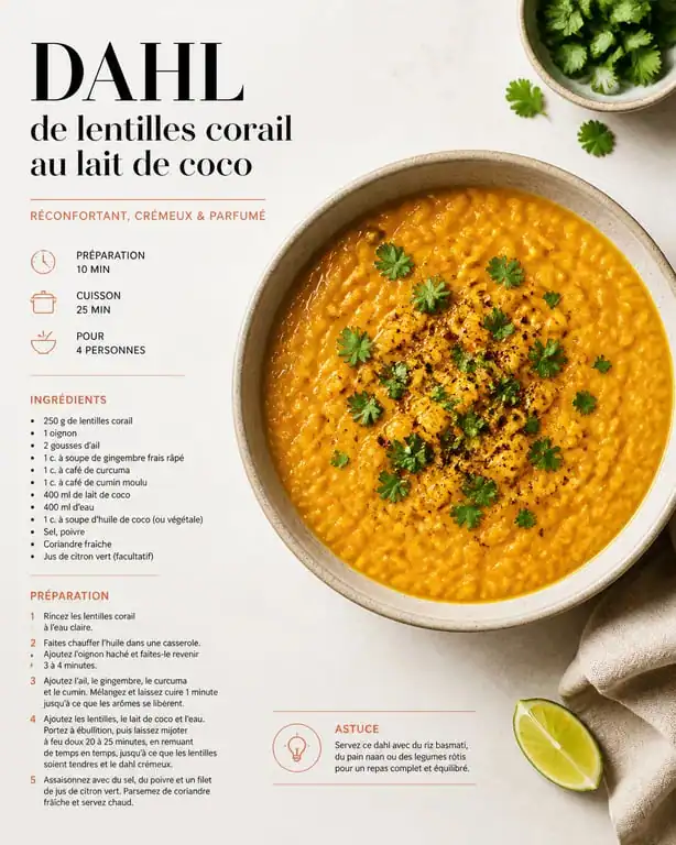 Recette facile pas cher : dahl de lentilles corail au lait de coco dans un bol