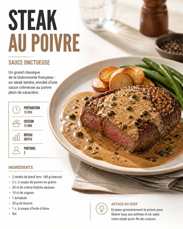 Steak au poivre avec sauce onctueuse, alternative au cognac