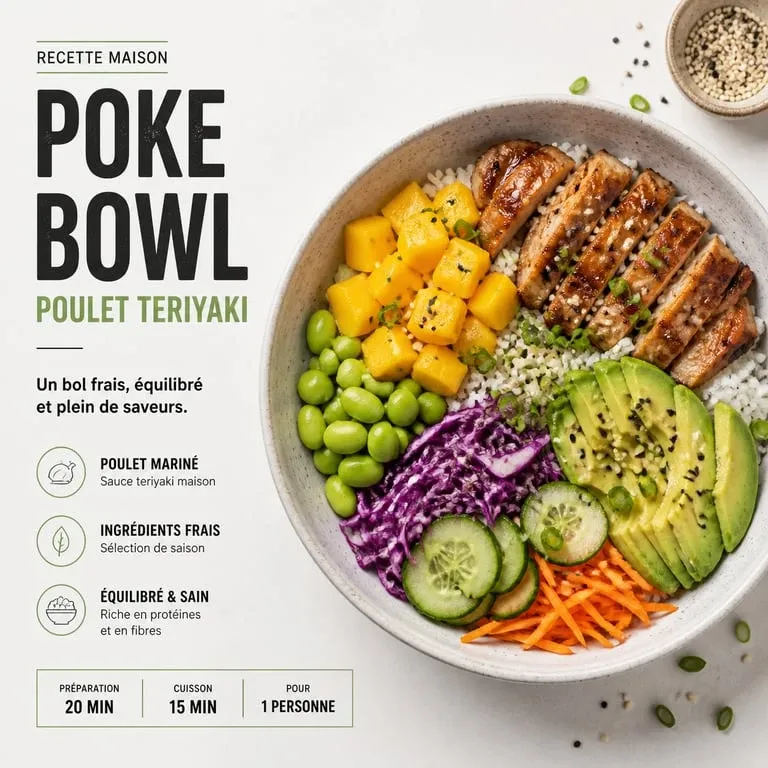 Recette de poke bowl au poulet teriyaki et mangue fraîche dans un bol