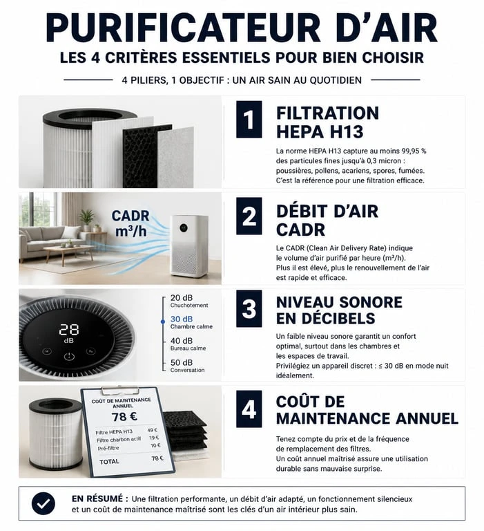 Infographie des critères de choix pour le meilleur purificateur d'air : filtration HEPA, CADR, bruit et entretien.