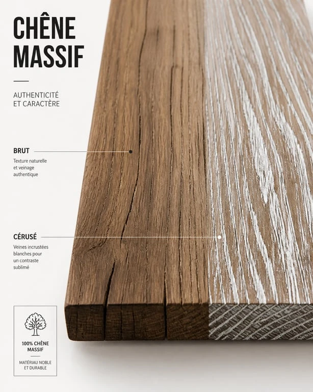 Démonstration de l'effet de cérusage sur une planche de bois en chêne
