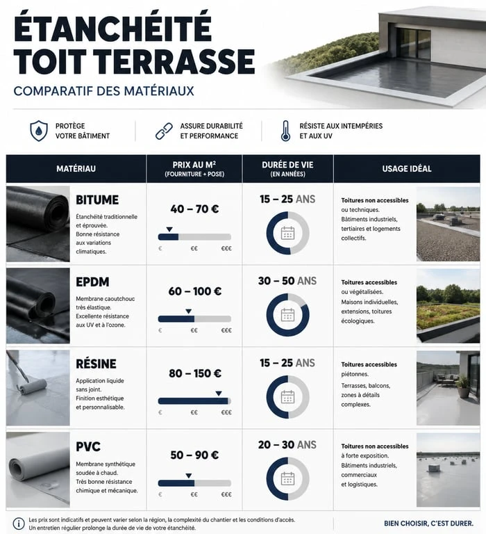 Comparatif des matériaux pour l'étanchéité d'un toit terrasse et prix au m2