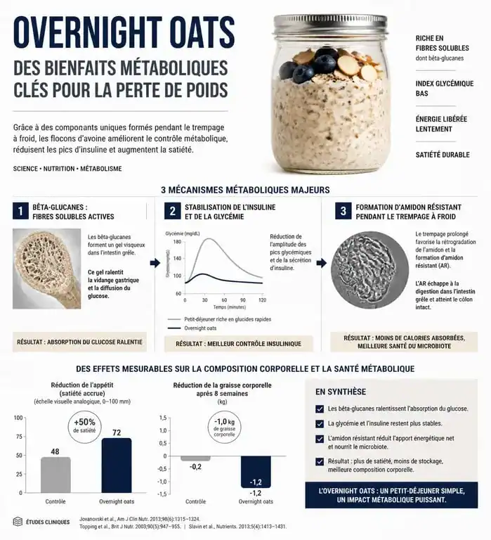 Infographie des bienfaits métaboliques de l'overnight oats pour la perte de poids et la satiété