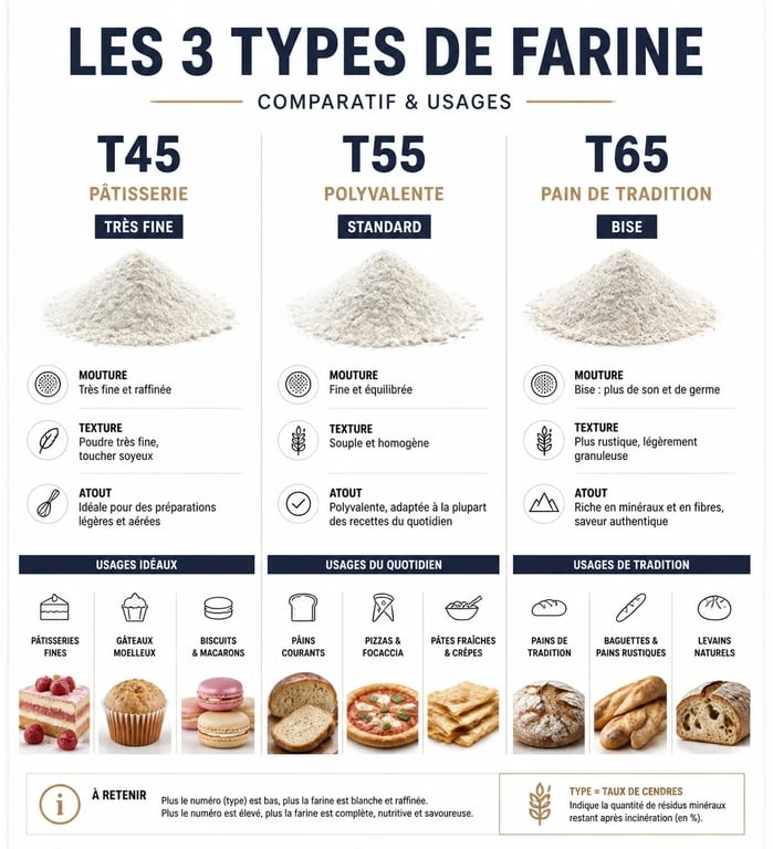 Comparatif des types de farine T45, T55 et T65 pour la cuisine et la boulangerie
