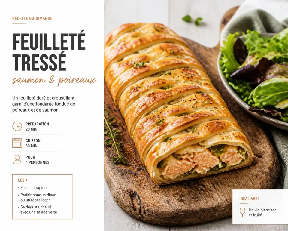Recette feuilleté salé tressé au saumon et poireaux doré et croustillant