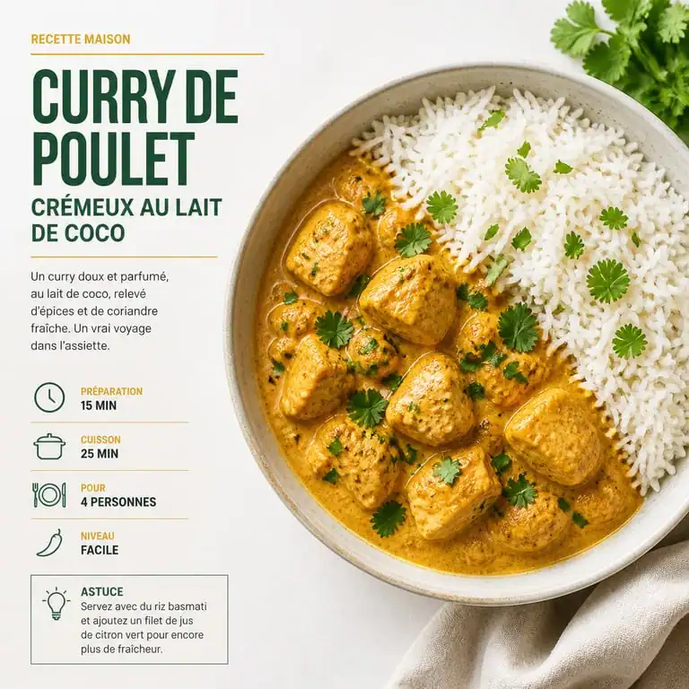Plat de curry de poulet crémeux au lait de coco, recette facile et savoureuse
