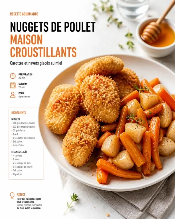 Assiette de nuggets de poulet maison au panko avec accompagnement de légumes glacés