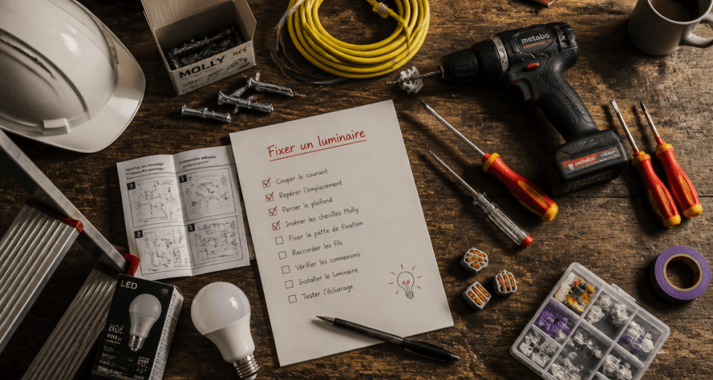 installer luminaire plafond outils sur table