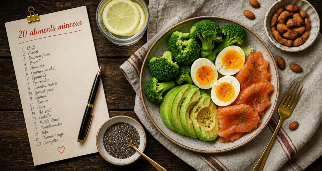 Les 20 aliments qui font maigrir présentés sur une table gourmande