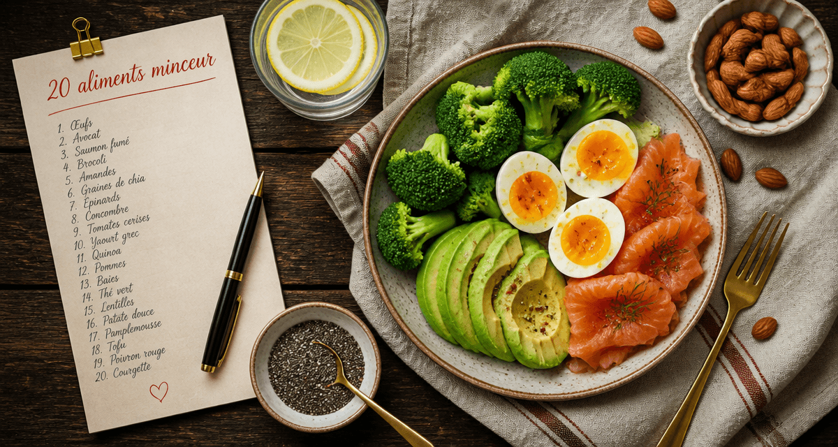 Les 20 aliments qui font maigrir présentés sur une table gourmande