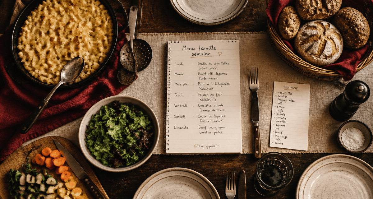 menu famille semaine sur table avec plats cuisinés