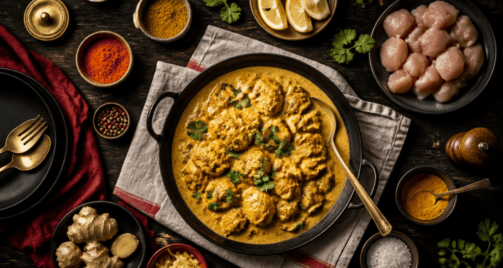 Plat a base de poulet curry fondant lait coco et épices