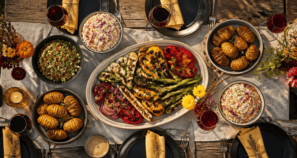 quel accompagnement avec un barbecue, table d'été, plats variés