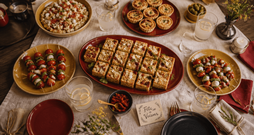 quel plat pour la fête des voisins cake salé et apéritif sur table