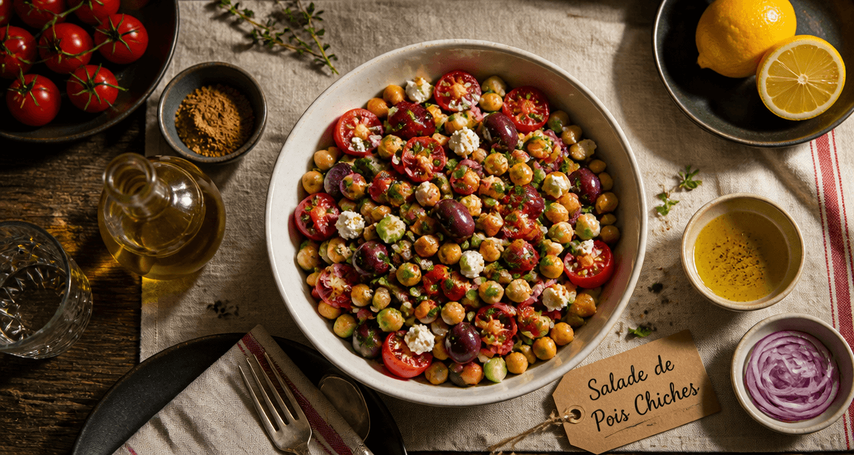 recette de pois chiche en salade méditerranéenne sur table en bois