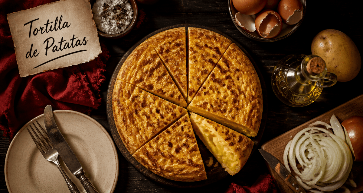 recette en espagnol tortilla de patatas sur table rustique