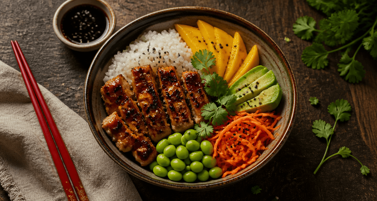 recette poke bowl poulet avec riz, mangue et avocat
