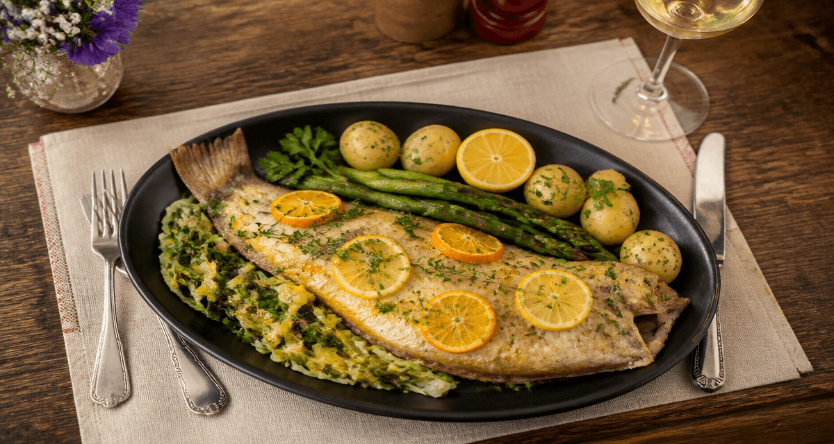 Sole au four, citron, légumes, herbes