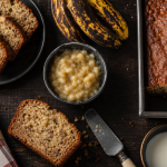 Banana bread ultra moelleux, mie fondante bien brillante sur table en bois