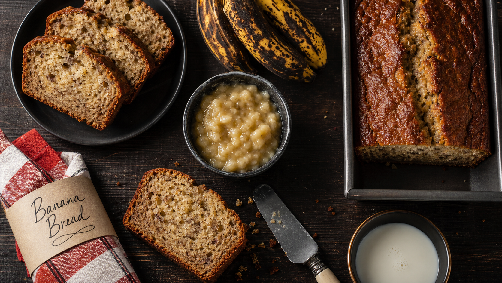 Banana bread ultra moelleux, mie fondante bien brillante sur table en bois