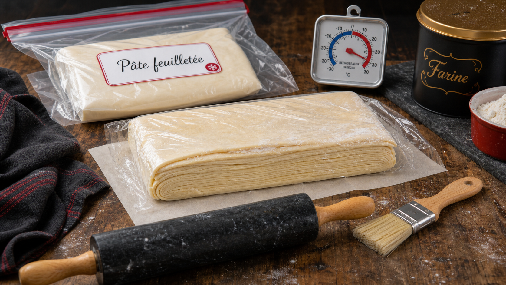 Pâte feuilletée à congeler : emballée au film et au sachet, pour préserver le croustillant