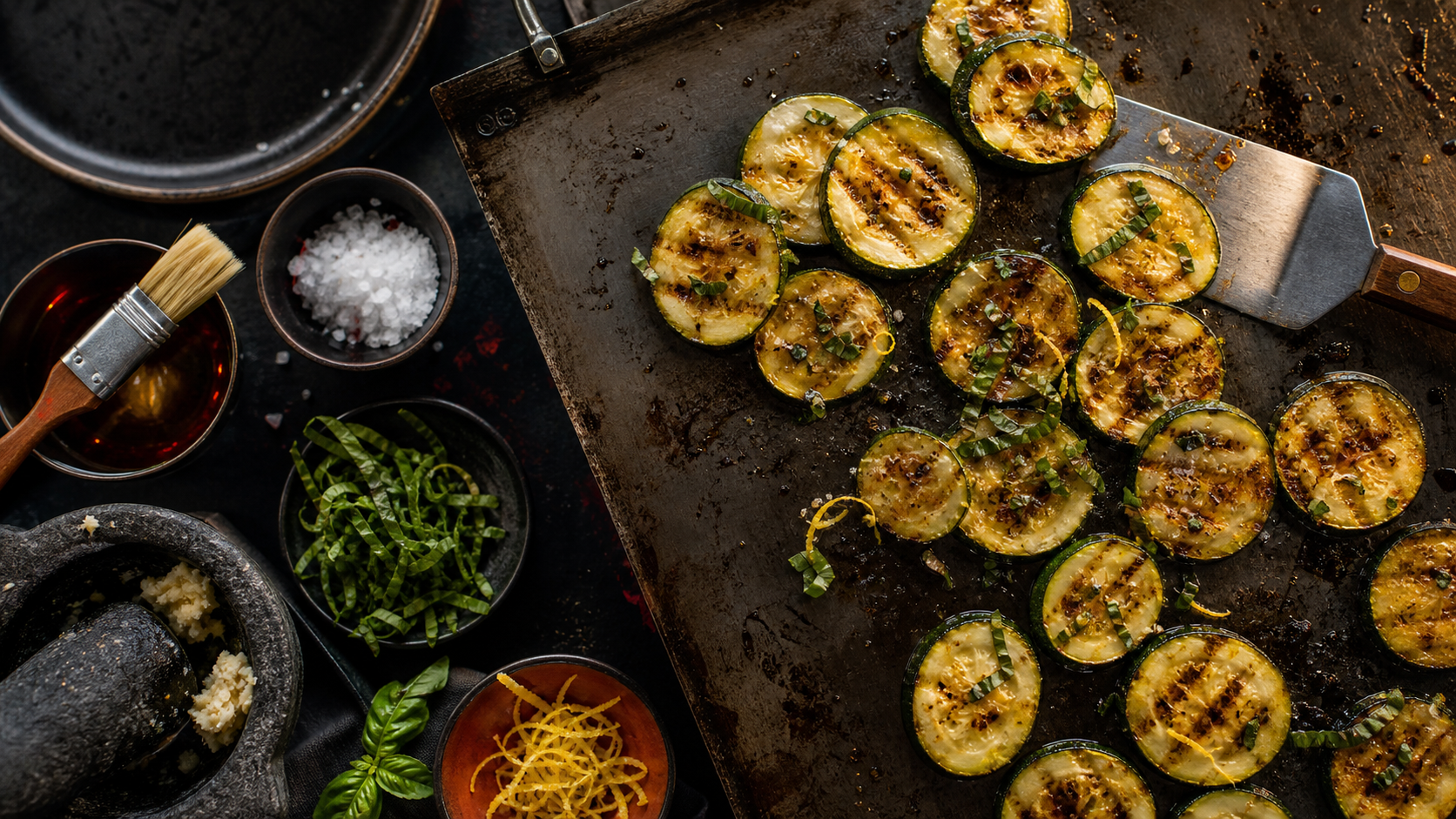 Courgette a la plancha en tranches caramélisées sur plancha chaude