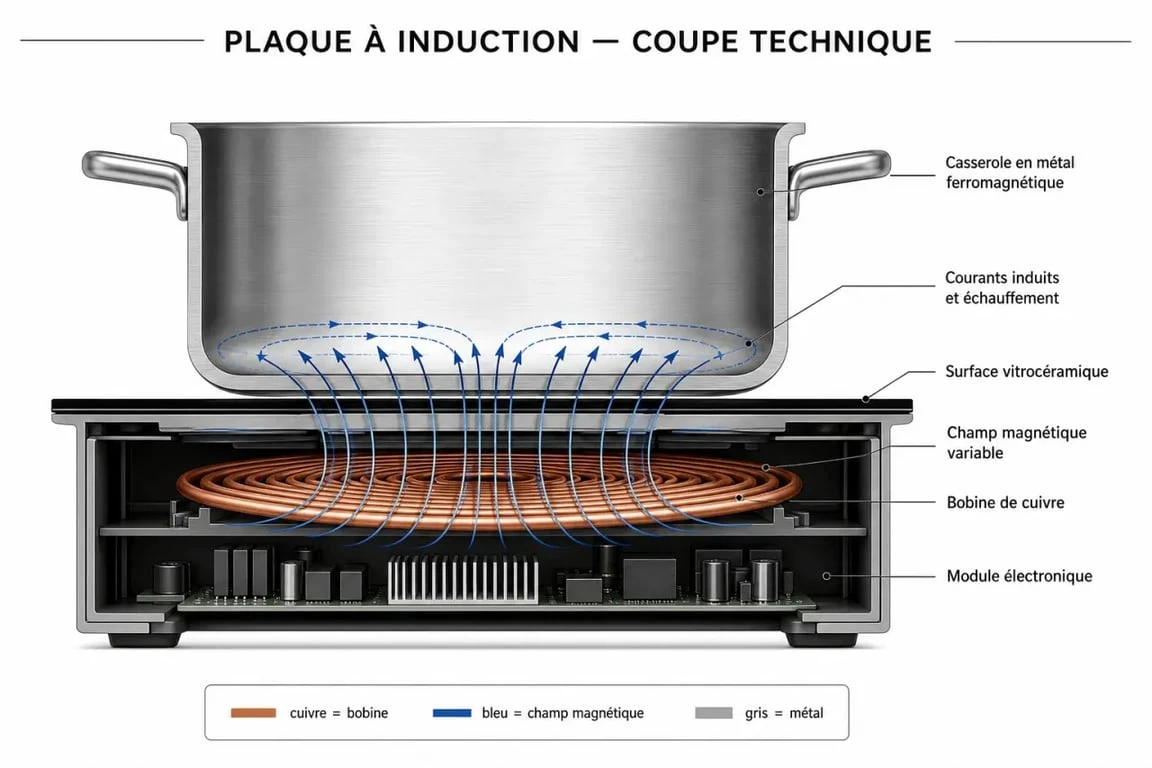 Schéma explicatif du fonctionnement d'une plaque à induction par champ magnétique
