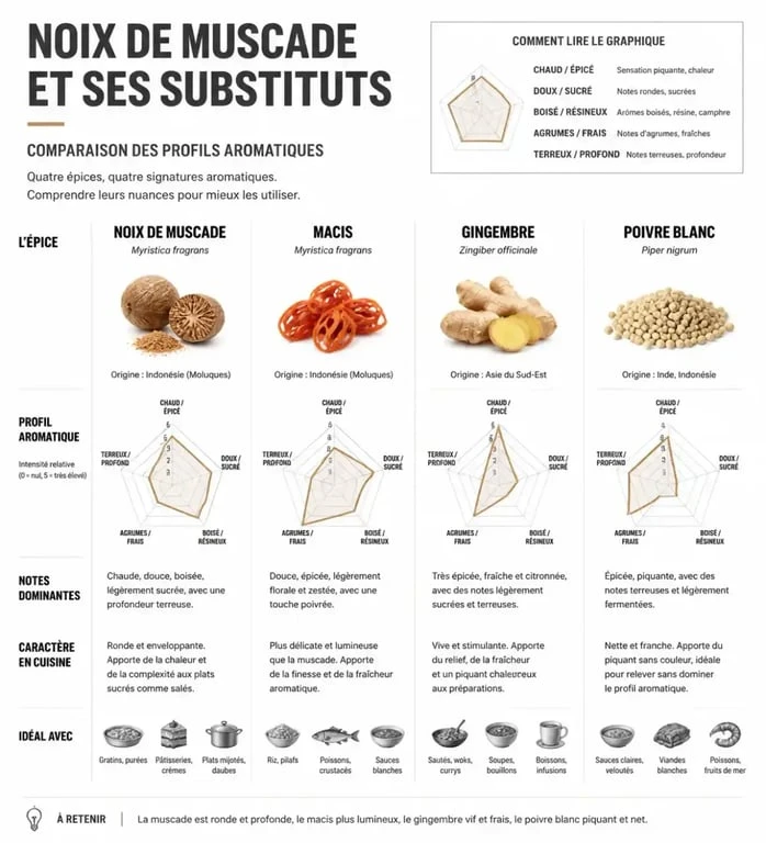 Infographie comparative des substituts de la noix de muscade en cuisine