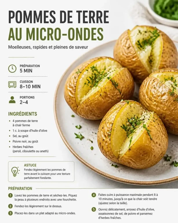 Pommes de terre cuites au micro-ondes, une méthode simple pour une cuisson rapide et fondante.
