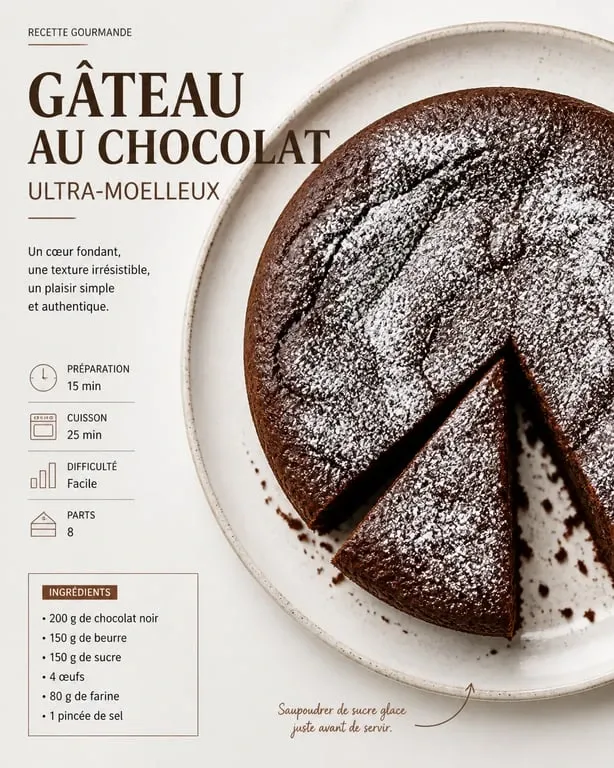 Gâteau au chocolat ultra-moelleux réalisé au robot Companion, présenté sur une assiette élégante.
