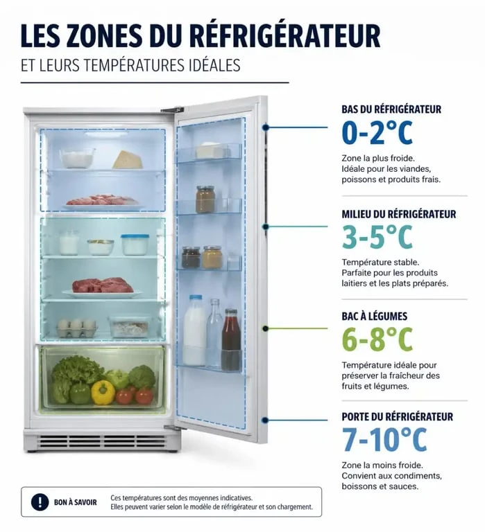 Infographie des zones de température recommandées pour un réfrigérateur pour bien régler son frigo.