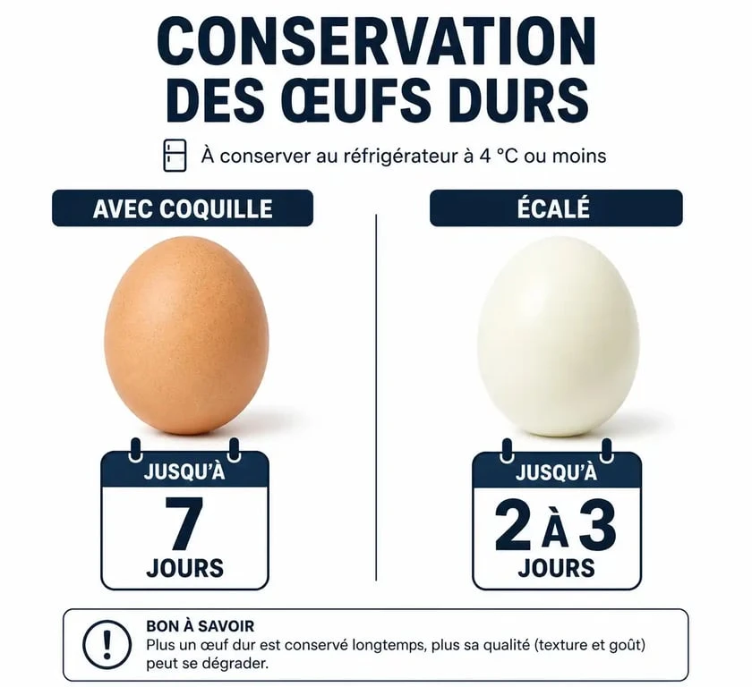 Infographie sur la durée de conservation des œufs durs au réfrigérateur selon qu'ils sont avec ou sans coquille
