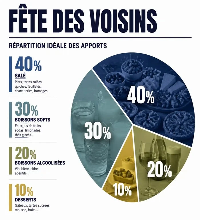 Infographie de répartition des apports pour la fête des voisins : quoi apporter pour un buffet réussi