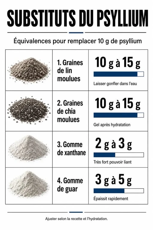 Infographie comparative des alternatives au psyllium pour la cuisine sans gluten