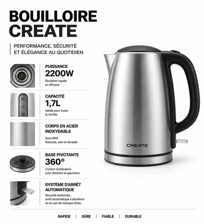 Infographie des caractéristiques techniques de la bouilloire CREATE : puissance, capacité et matériaux pour un avis éclairé.