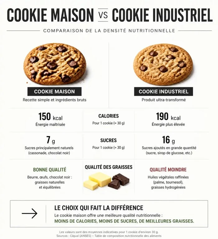 Infographie comparative des calories et nutriments entre un cookie maison et un cookie industriel