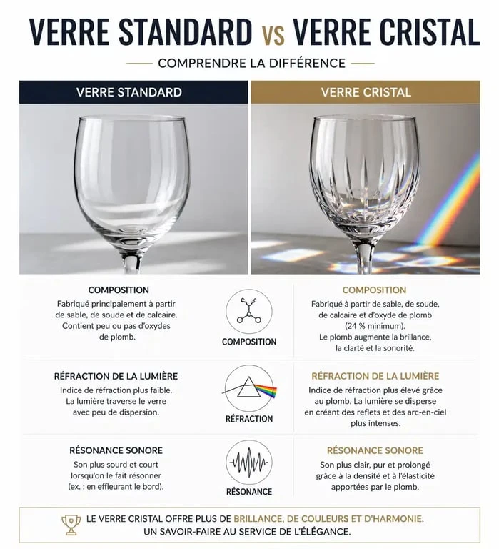 Infographie comparative illustrant la différence entre cristal et verre : composition, réfraction de la lumière et sonorité