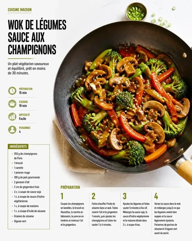 Wok de légumes nappé d'une sauce aux champignons, alternative végétale à la sauce huître