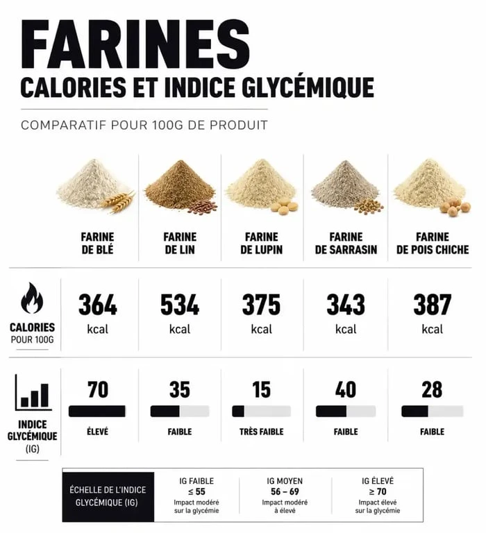Comparatif nutritionnel des farines : calories et indice glycémique pour choisir la farine la moins calorique