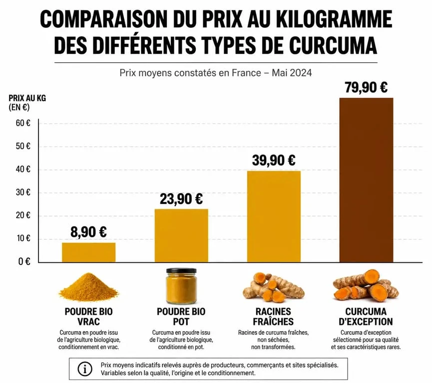 Comparatif des prix au kilo du curcuma selon le conditionnement et la qualité