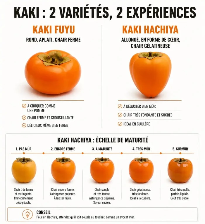 Infographie comparative des variétés de kakis Fuyu et Hachiya pour éviter de manger un kaki astringent