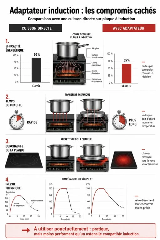 Infographie comparative des inconvénients de l'adaptateur pour plaque à induction par rapport à une cuisson directe