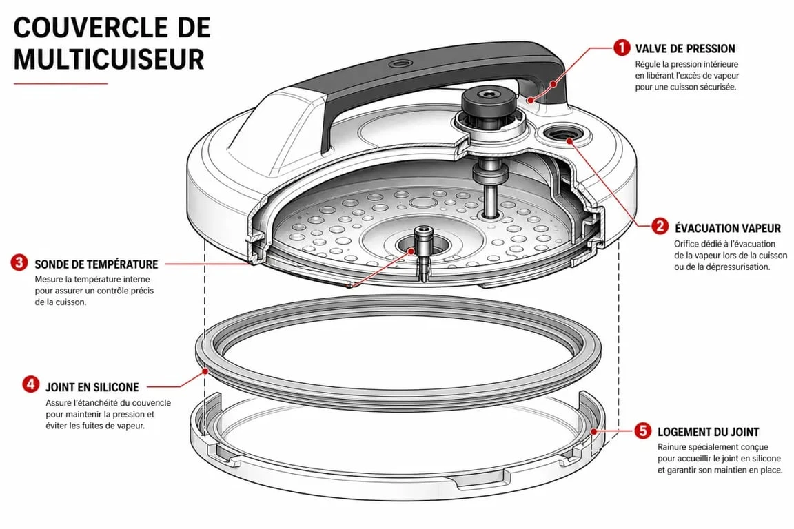 Schéma technique des composants du couvercle Cookeo pour résoudre les problèmes de cuisson sous pression